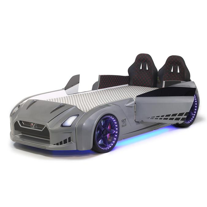 Gray GTR Racer Bed with glowing blue undercarriage and purple wheel lights
