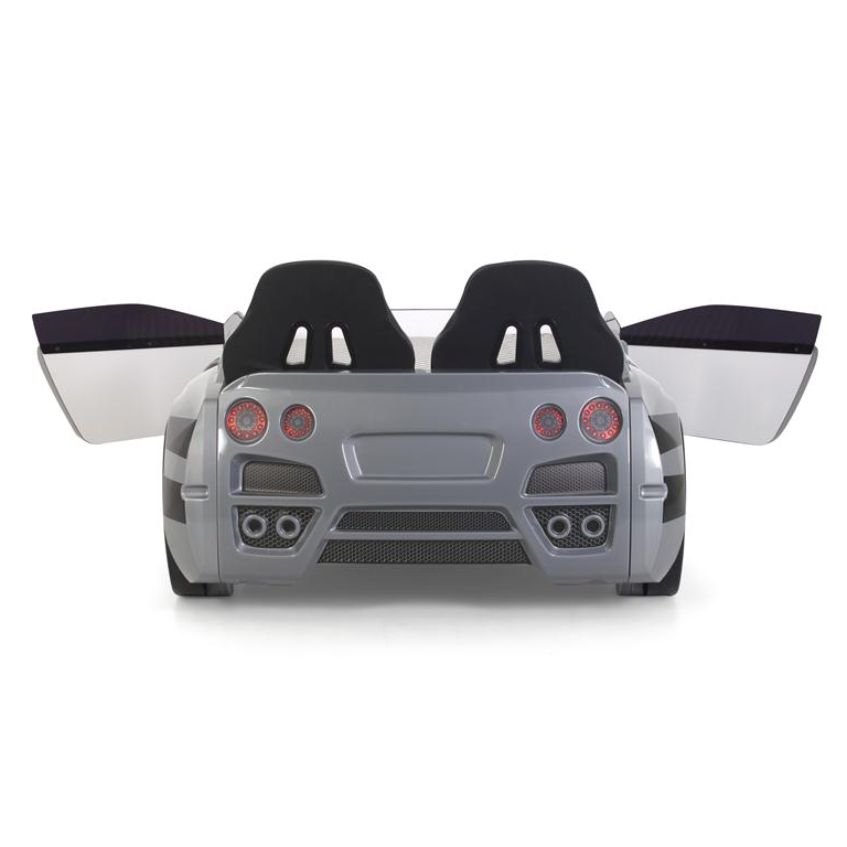 Gray GTR Car Bed with open doors and black seats, perfect for GTR Racer Bed fans