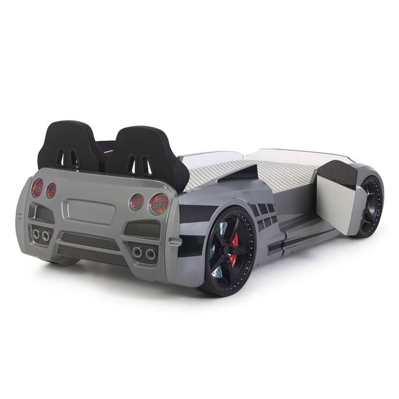 Gray GTR Racer Bed with spoiler and black accents, perfect gtr car bed for kids