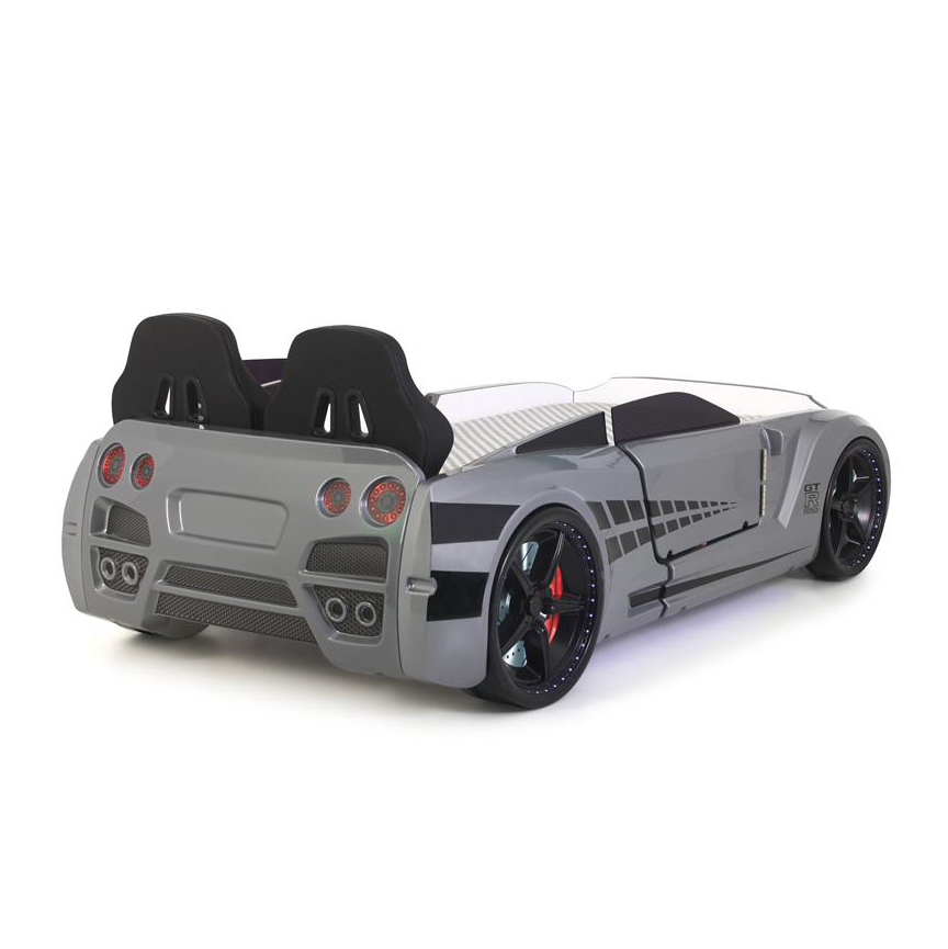 GTR Racer Bed featuring a metallic gray GTR car bed with black accents for kids