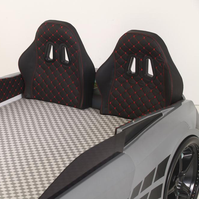 Gray GTR Racer Bed with black racing headboards and checkered mattress for kids