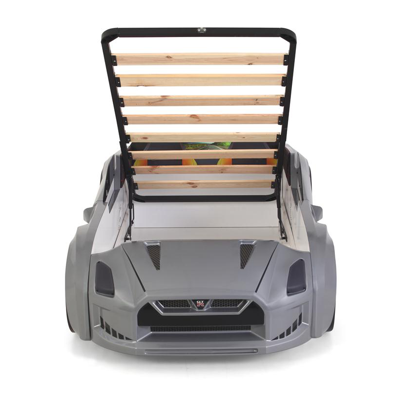 Gray GTR Racer Bed with open slatted car-shaped bed frame for kids