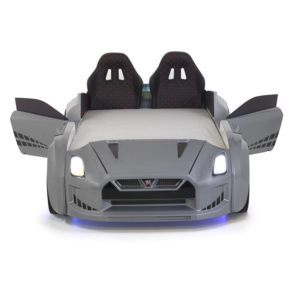 Gray GTR Racer Bed shaped like a GTR Car with headlights and open doors for kids