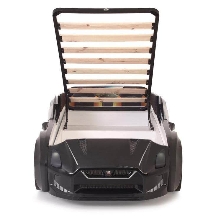 Black and white GTR Racer Bed car-shaped frame with under-bed storage and wooden slats