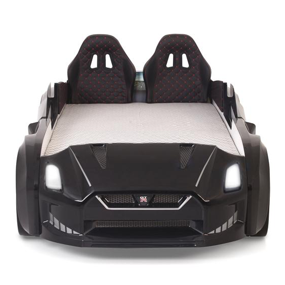 Black GTR Car Bed with twin race car-themed design and two headboard seats