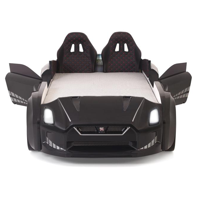 Black GTR Racer Bed with illuminated headlights and open doors, perfect for GTR car enthusiasts