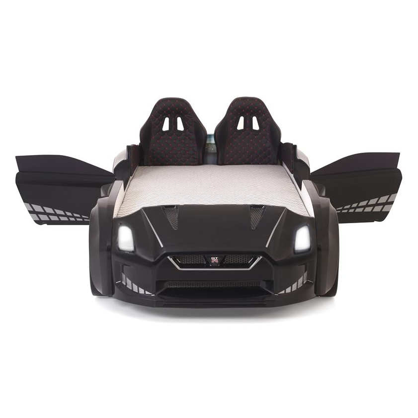 Black GTR Racer Bed with gull-wing doors and bucket-seat style headrests