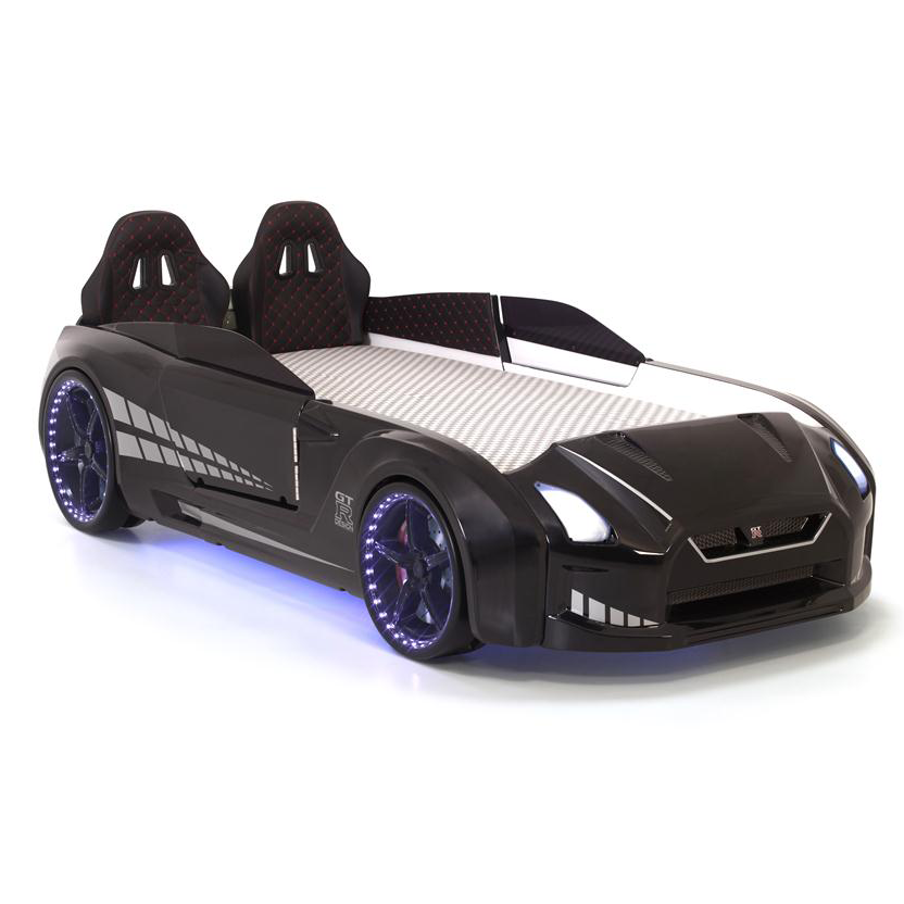 Black GTR Racer Bed shaped like a race car with glowing wheels and white stripe details