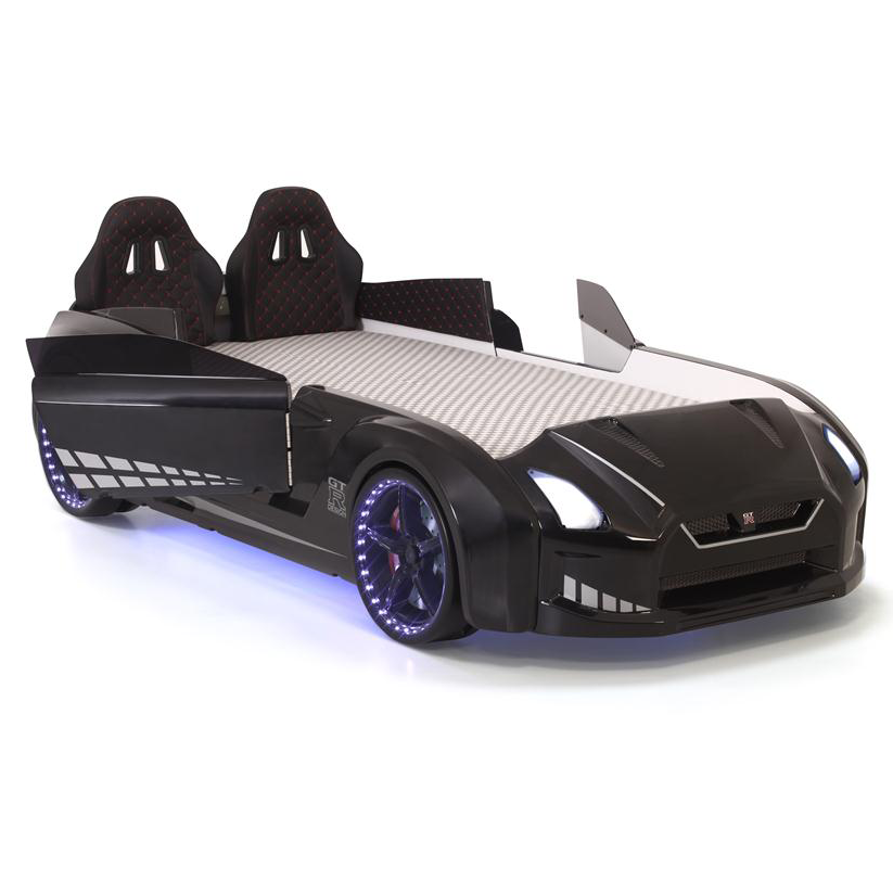 Black GTR Racer Bed shaped like a race car with glowing wheels and two headrests