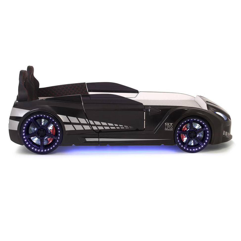 Black GTR Racer Bed with light-up wheels and under-glow, perfect for GTR car enthusiasts