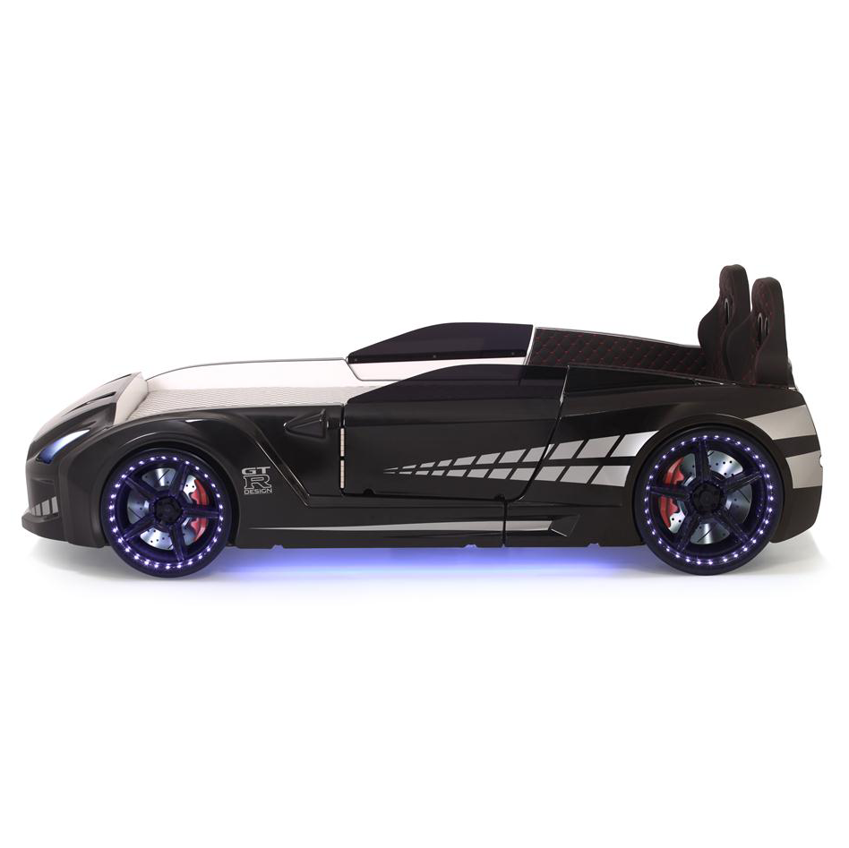 Black GTR Car Bed with glowing blue wheels and undercarriage lighting for kids’ room