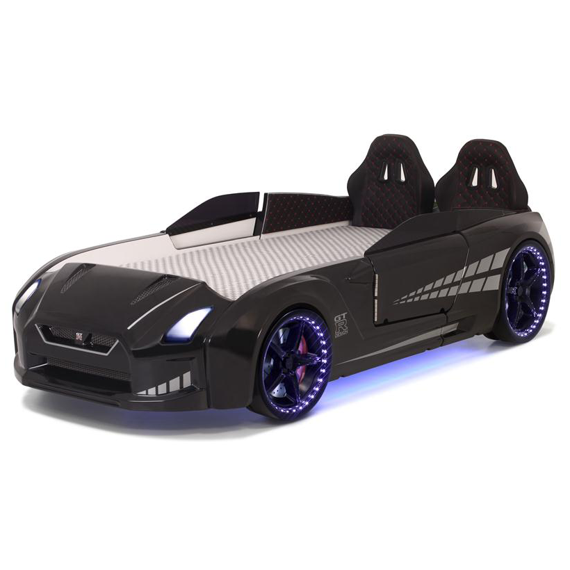 Black GTR Racer Bed with LED lights, race car-themed twin bed for kids