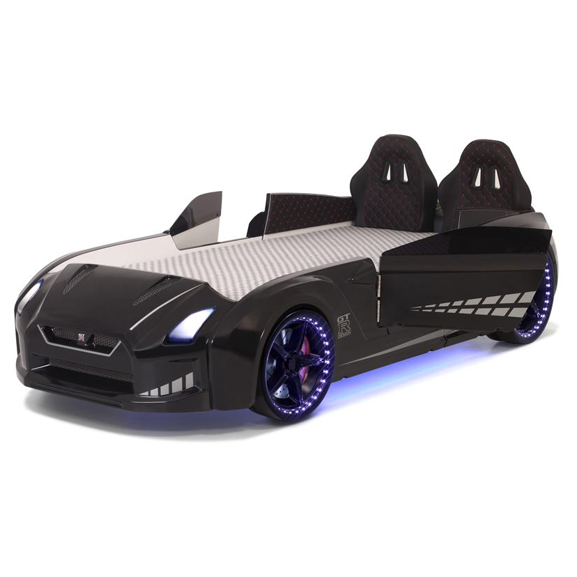 GTR Racer Bed featuring a black GTR car design with glowing blue wheels and headrests