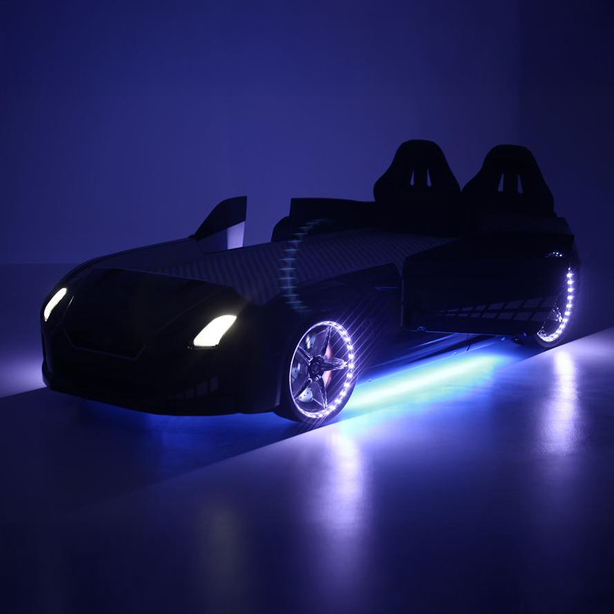 GTR Racer Bed black gtr car bed with glowing blue LED lights on wheels and undercarriage