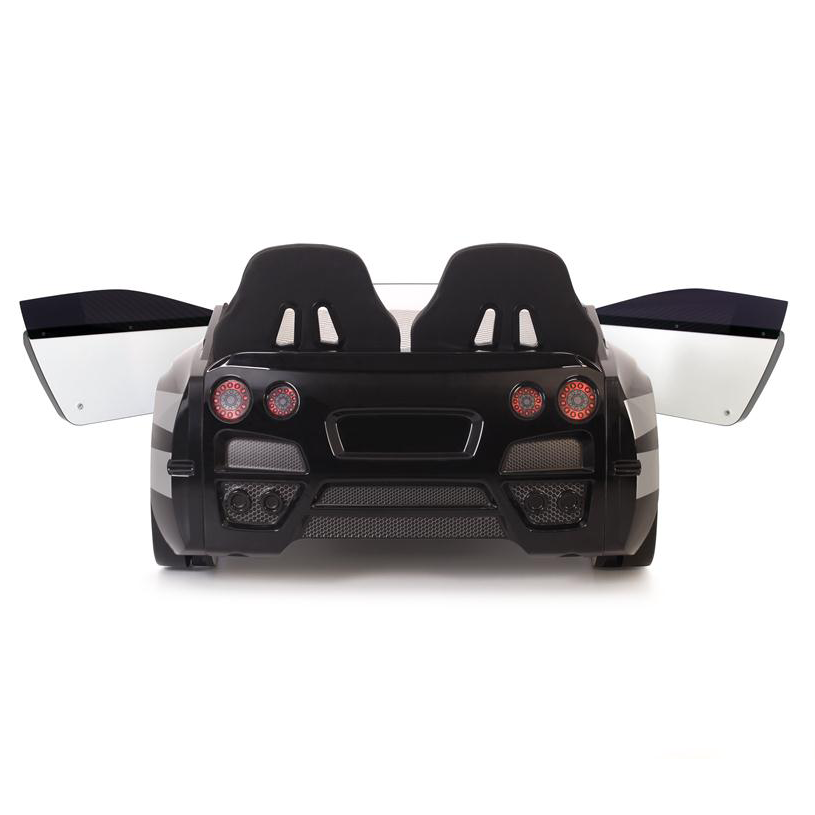 Black GTR Racer Bed car-shaped bed frame with open wing doors and red tail lights