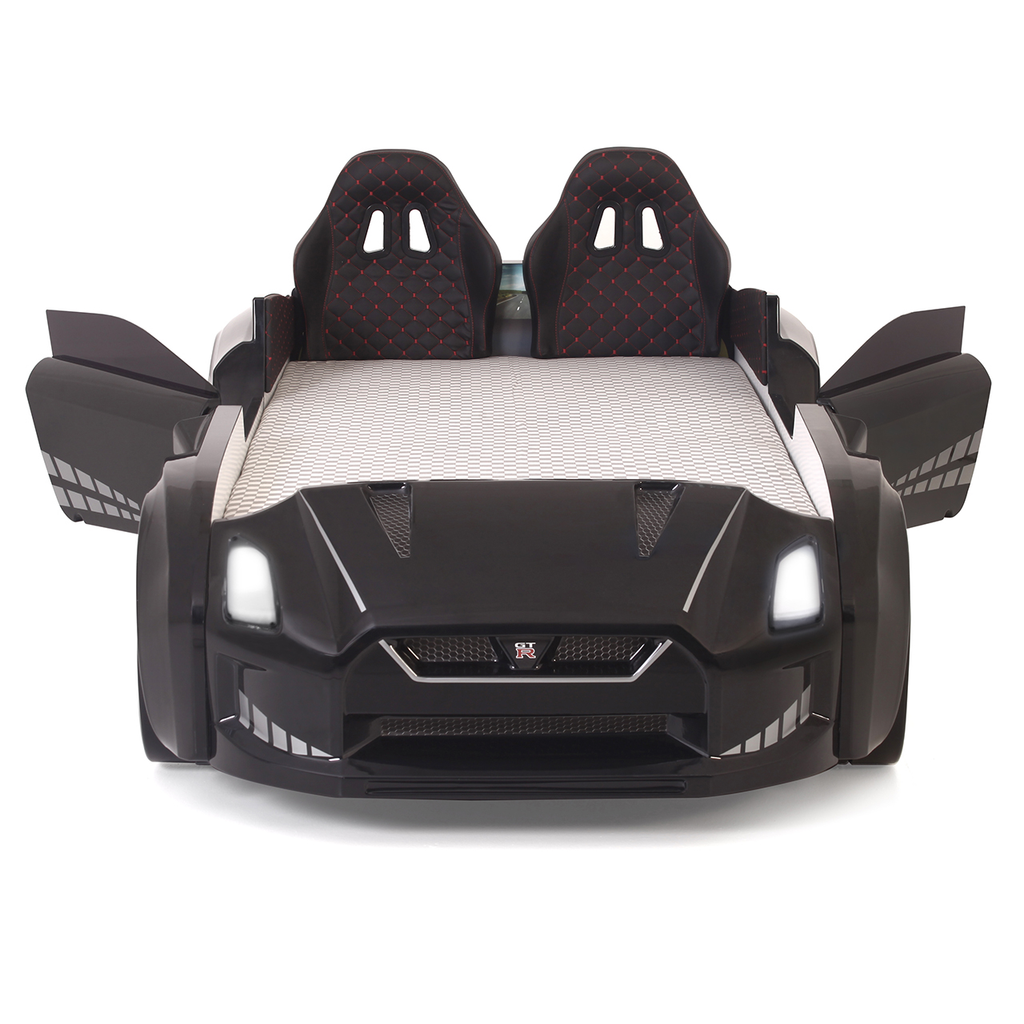 Black GTR Car Bed with twin design, headboard seats, and open side doors for kids
