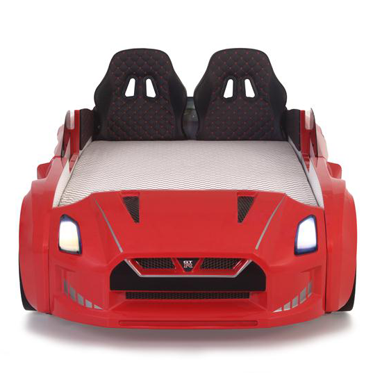 Red GTR Car Bed shaped like a race car with black bucket seats for kids’ bedroom decor