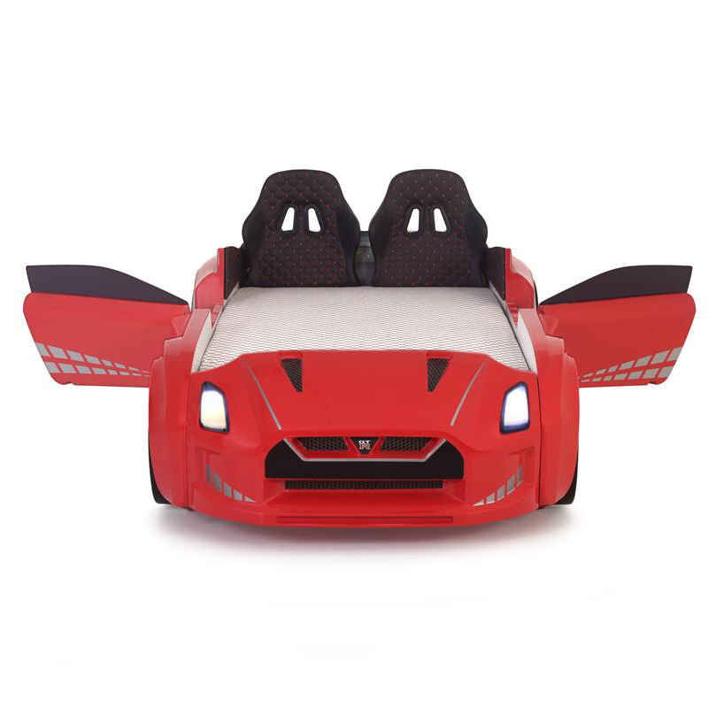 Red GTR Racer Bed shaped like a race car with open doors for kids’ bedroom decor