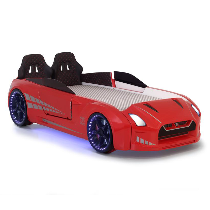 Red sports car-shaped GTR Racer Bed with lighted wheels and underglow for kids