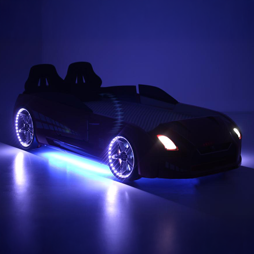 GTR Car Bed with glowing blue underbody lights illuminated wheels and prominent headlights