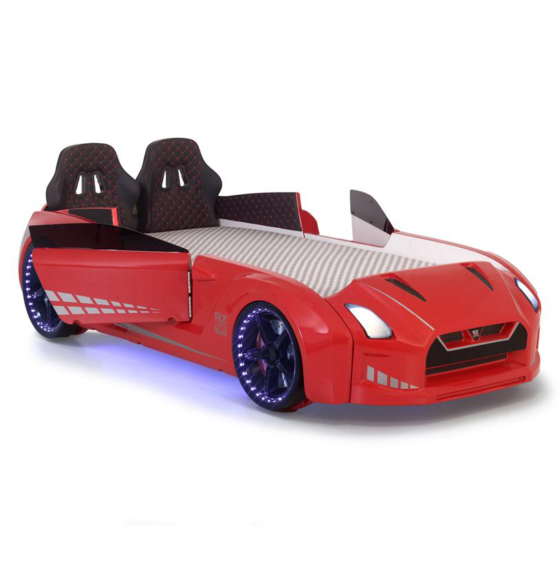 GTR Racer Bed featuring a red GTR Car Bed design with glowing blue wheels for kids