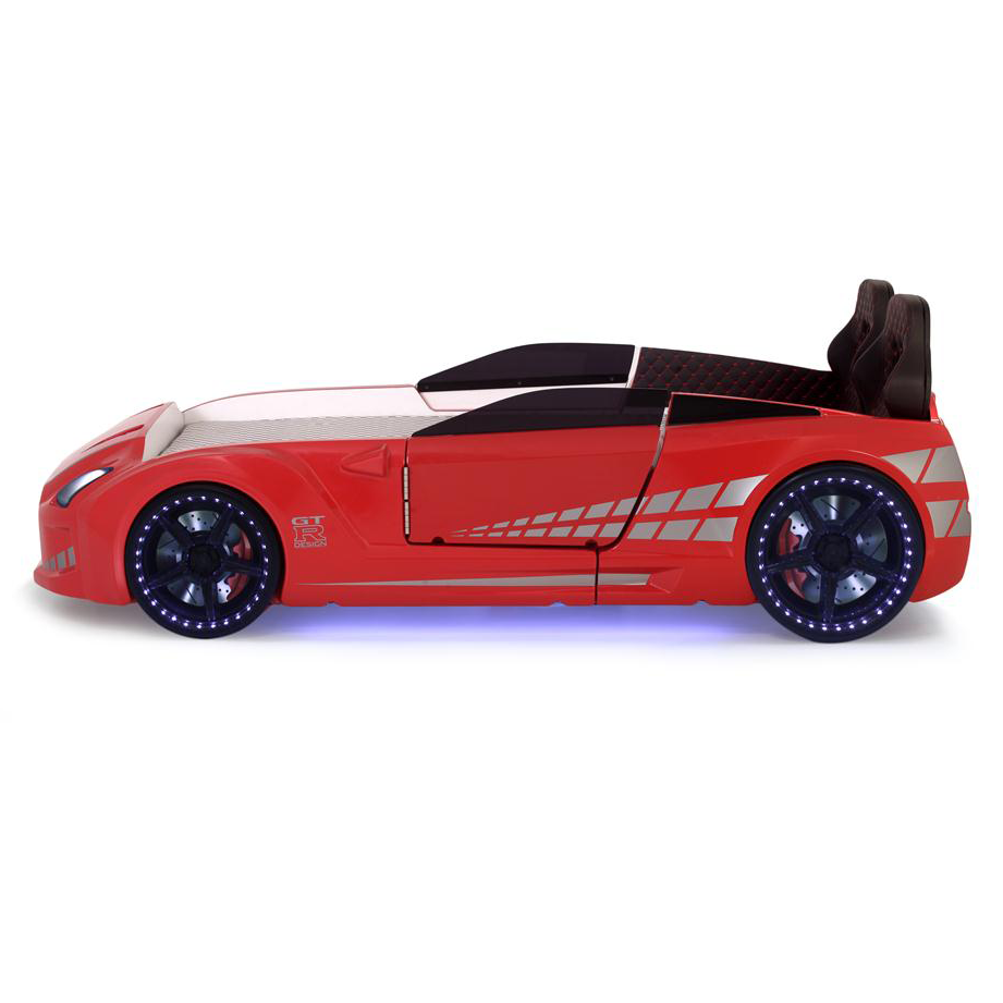 Red GTR Racer Bed shaped like a GTR car with glowing wheels and underbody lights