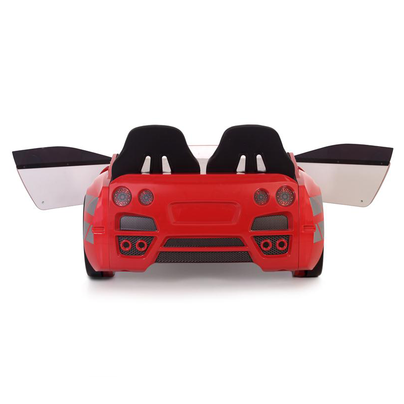 Red two-seater toy car with open doors on GTR Racer Bed, perfect for kids