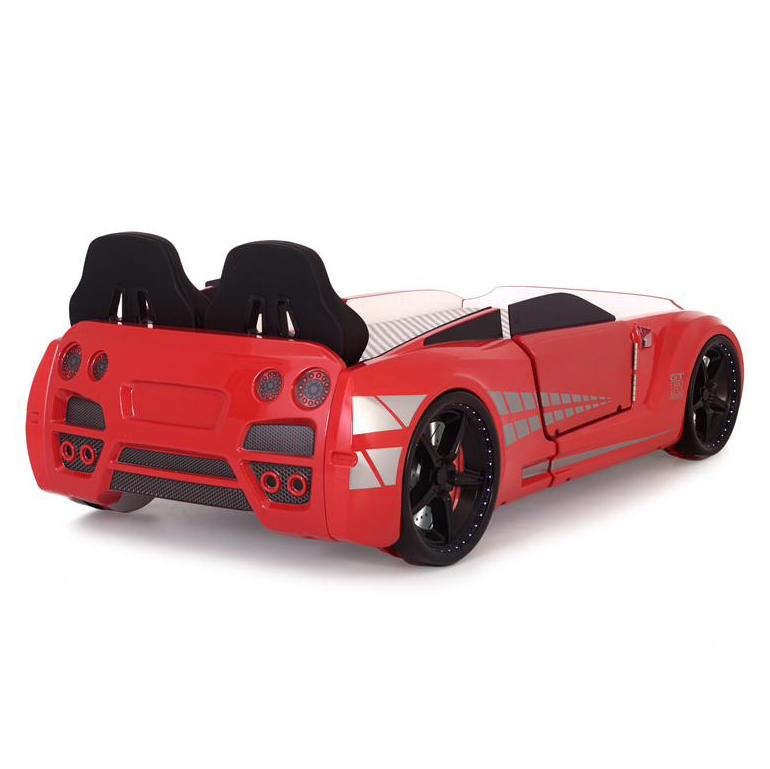 Red GTR Car Bed Frame with Black Accents and Silver Racing Stripes for GTR Racer Bed
