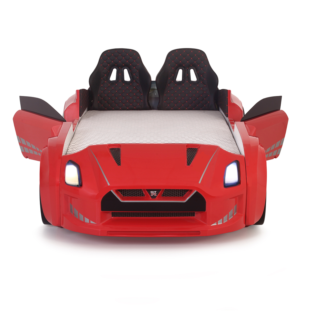 Red GTR Racer Bed with twin car-shaped design, black bucket seats, and working headlights