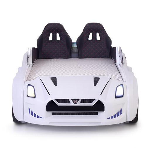 White GTR Racer Bed shaped like a race car with black headrests for kids’ bedrooms