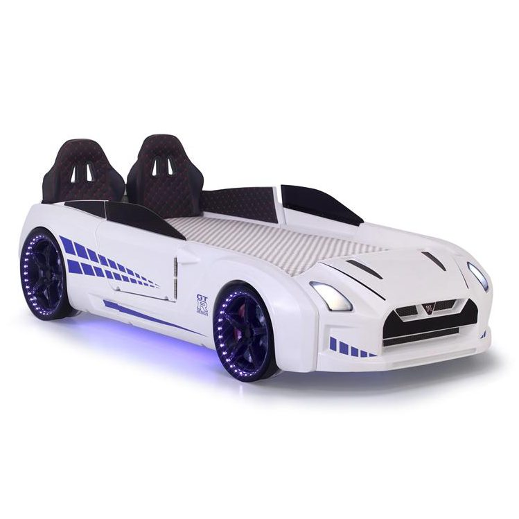White GTR Racer Bed shaped like a car with blue accents and LED lights for kids