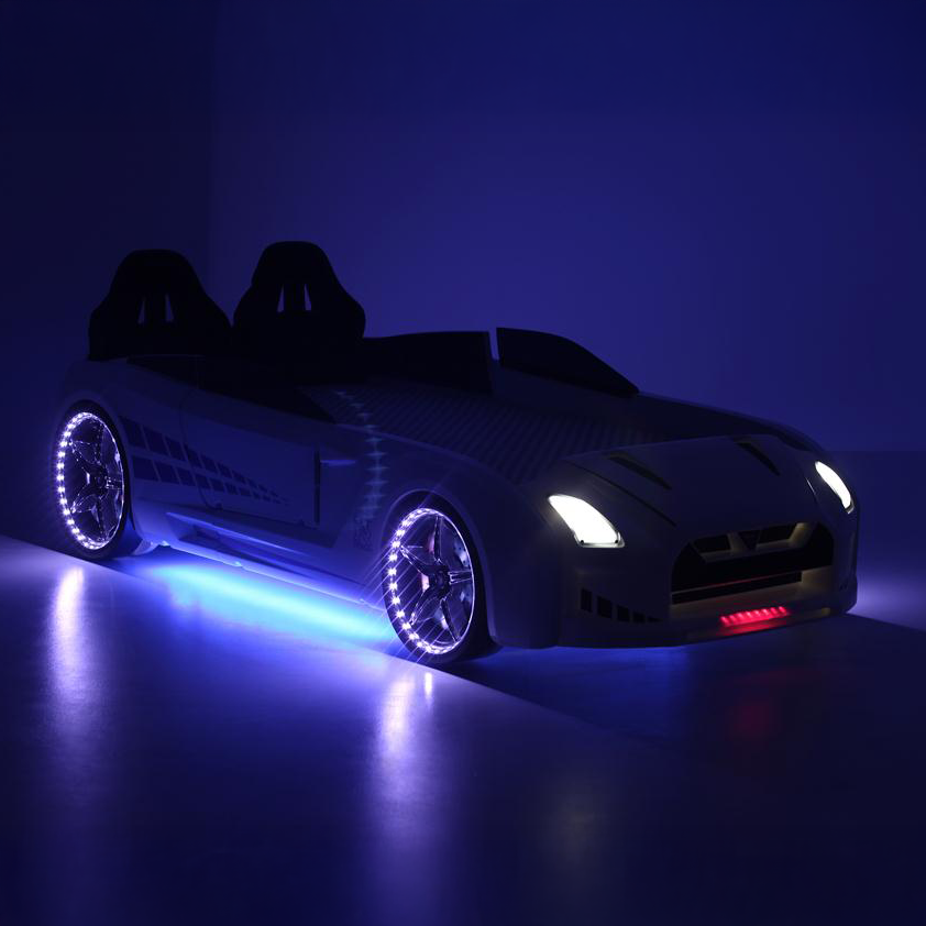 White GTR Racer Bed with blue underglow, illuminated headlights, and wheel lights