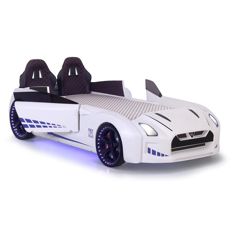 White GTR Racer Bed shaped like a race car with blue underglow lighting for kids