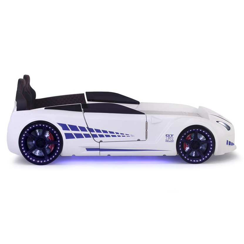 White GTR Racer Bed shaped like a GTR car with blue accents and illuminated wheels