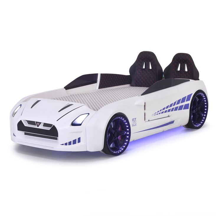 GTR Car Bed for Kids with White Car Frame, Purple Racing Stripes and LED Lights