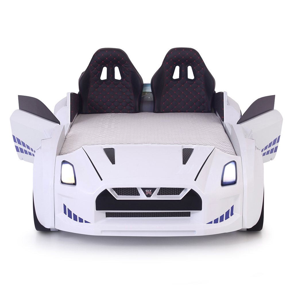 White GTR Racer Bed with twin car-shaped design, black bucket seats, and open doors