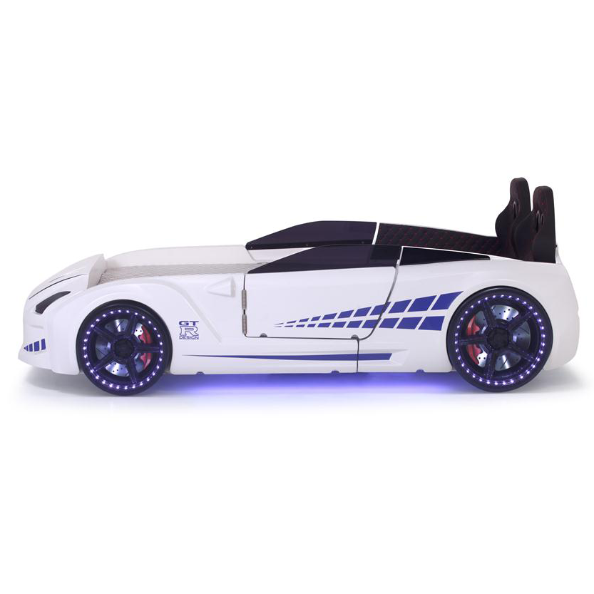 White GTR Racer Bed with blue accents and illuminated wheels, perfect for kids’ gtr car bedroom