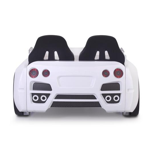 Rear view of white GTR Racer Bed with black headrests and red taillights, perfect for GTR car enthusiasts