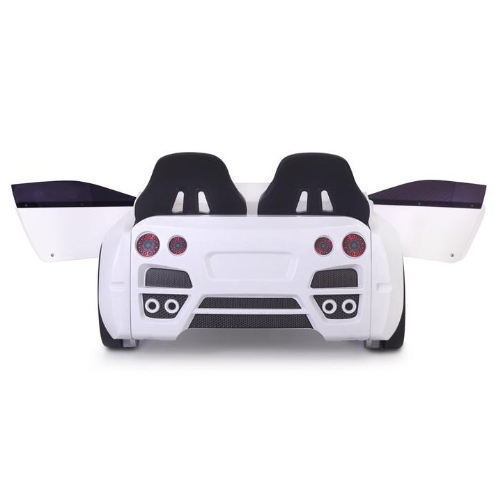 White and black GTR Racer Bed convertible car bed with upward-opening doors