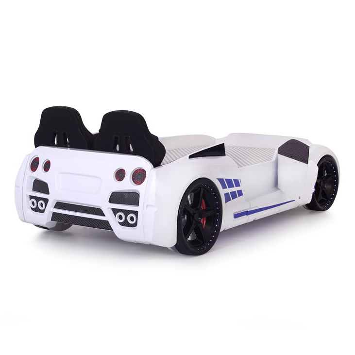 White GTR Racer Bed with black wheels and rear spoiler, perfect gtr car bed for kids