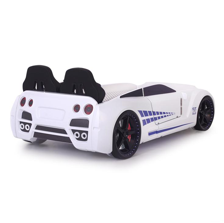 White GTR Car Bed with spoiler and blue decals, perfect for GTR Racer Bed enthusiasts