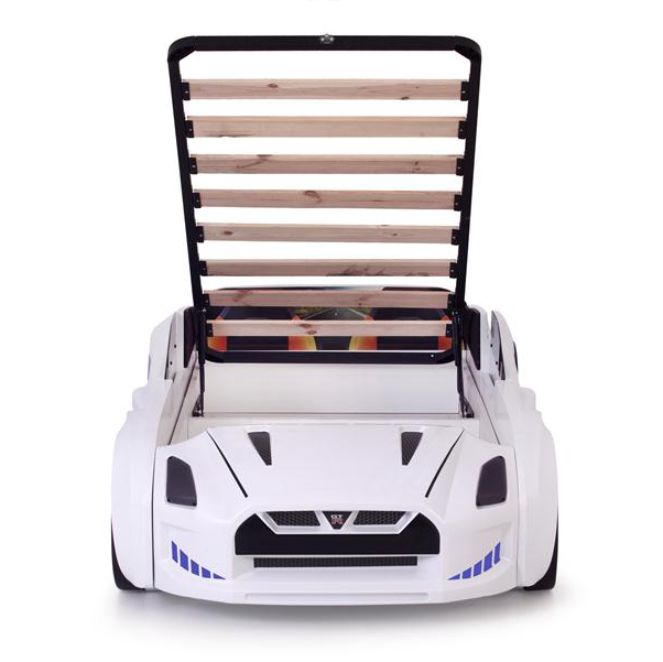 White GTR Racer Bed with car-shaped design and under-bed storage for kids