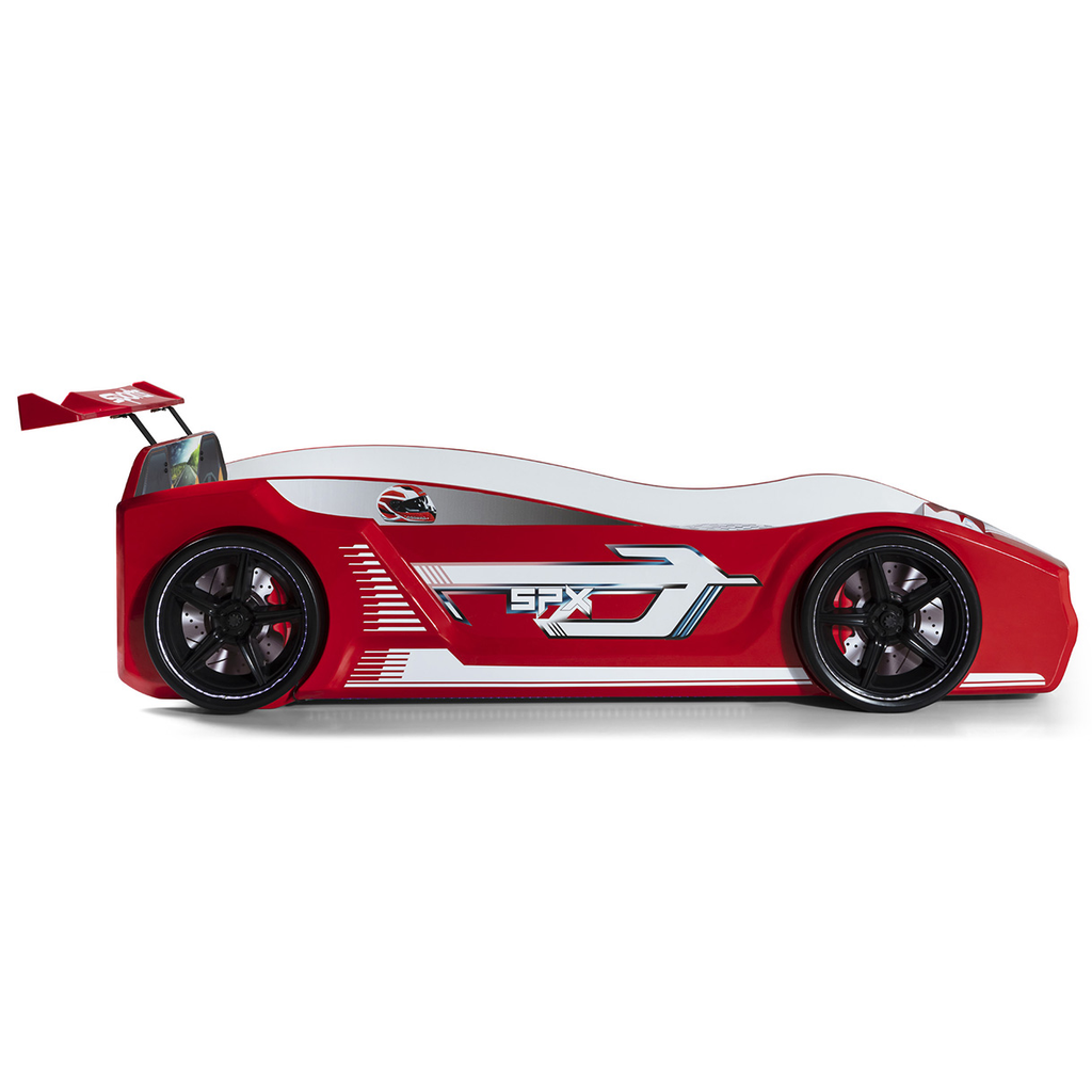 Red Thunder Racer Bed with white accents and black wheels, perfect racer bed for kids