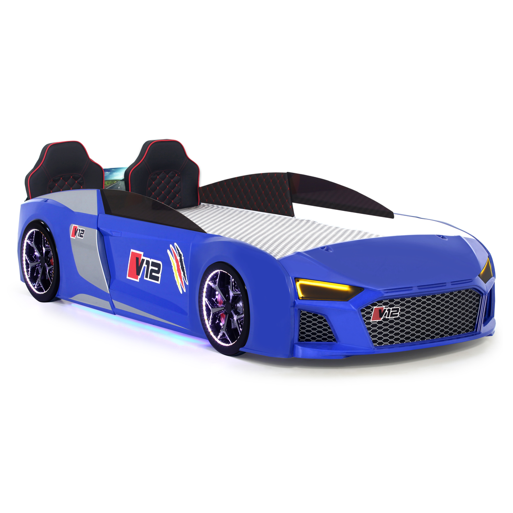 Blue V12 Racer Bed designed like a sports car with black and red accents for kids