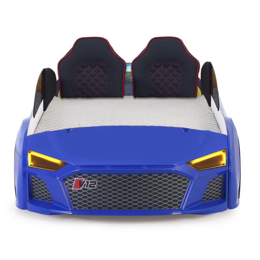 Blue V12 Racer Bed shaped like a race car with two black headrests for kids