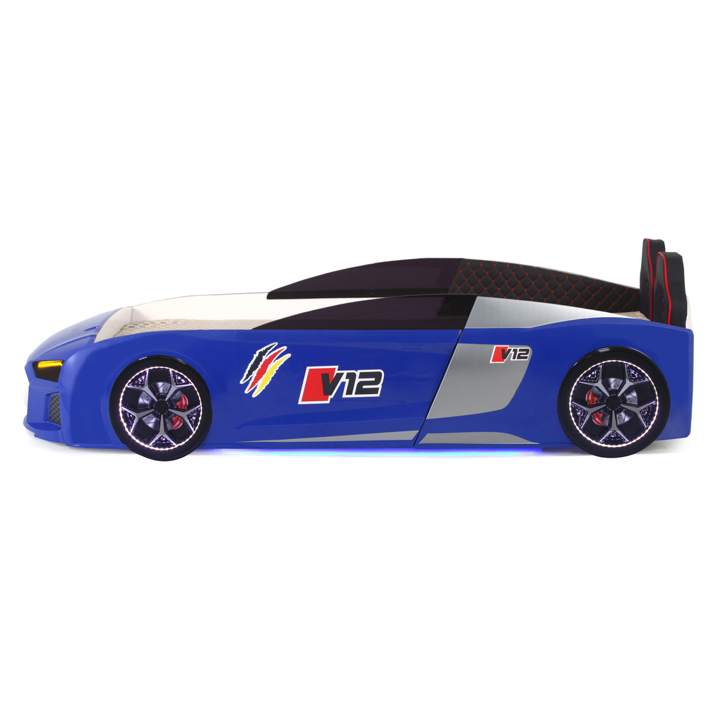 Blue V12 Racer Bed frame with spoiler and V12 branding for Lynda Kids