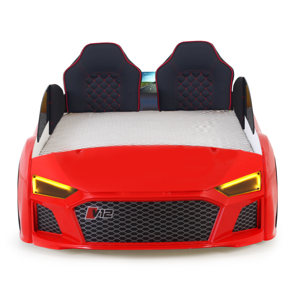 Red race car-shaped twin bed with black headrests in the V12 Racer Bed collection for Lynda Kids