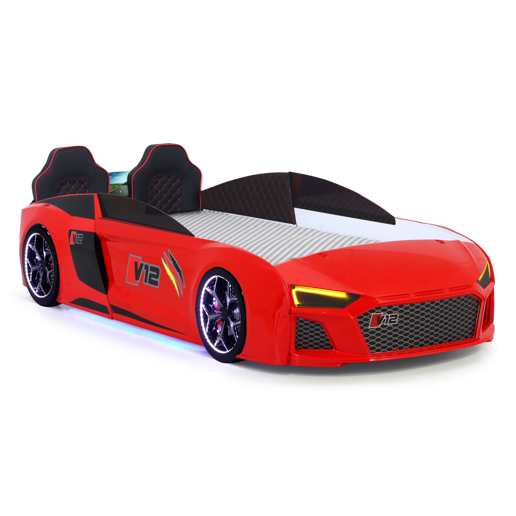 V12 Racer Bed by Lynda Kids, red race car-shaped bed with illuminated wheels