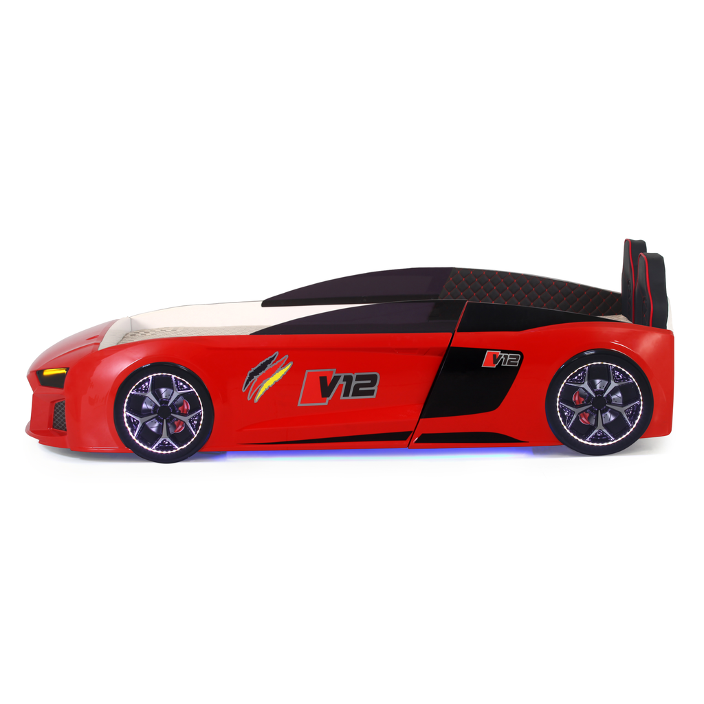 Red race car-shaped V12 Racer Bed frame with black accents and glowing lights for Lynda Kids