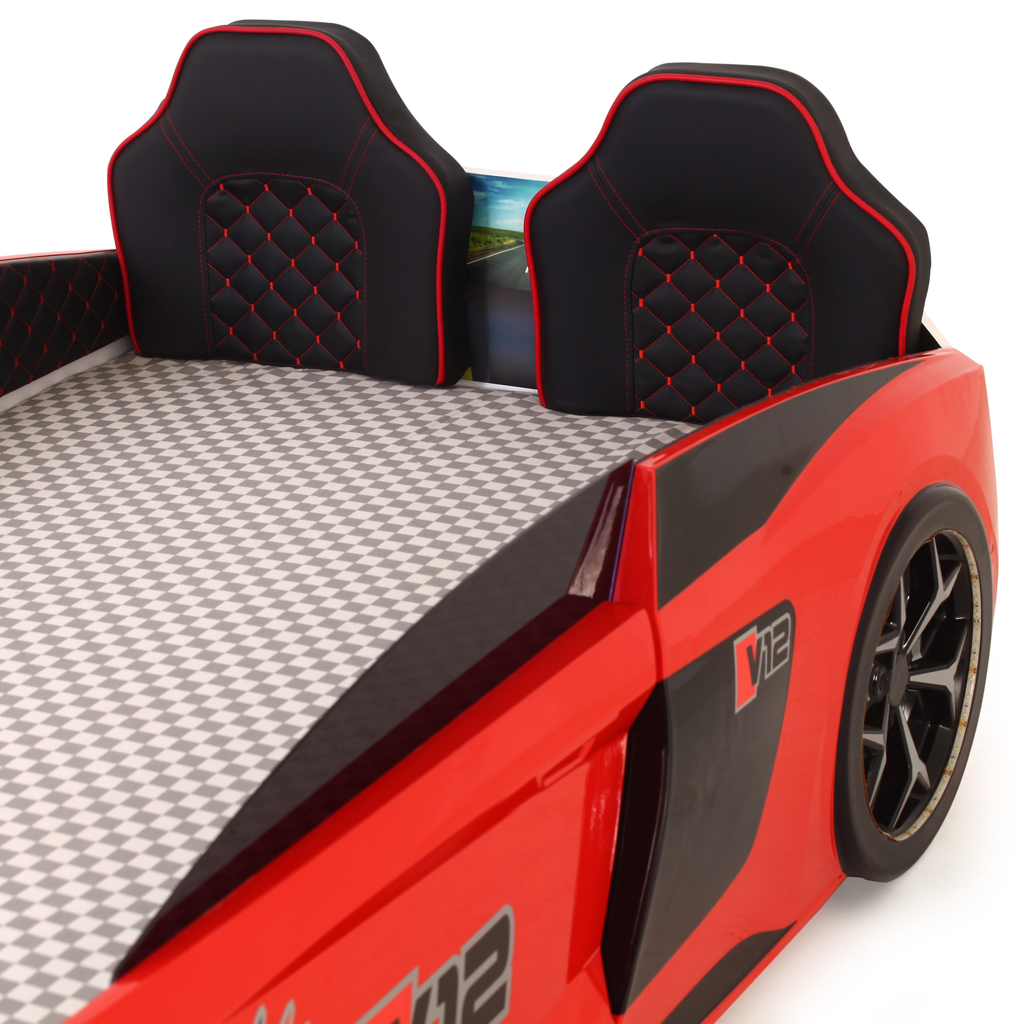 Red racecar-themed V12 Racer Bed with black upholstered headrests for Lynda Kids